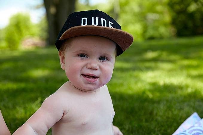 Flat Brim Trucker Hat - Dude - Black/Faux Leather: Infant (0-12 Months)