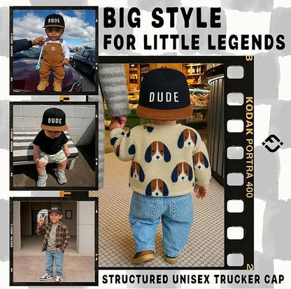 Flat Brim Trucker Hat - Dude - Black/Faux Leather: Infant (0-12 Months)
